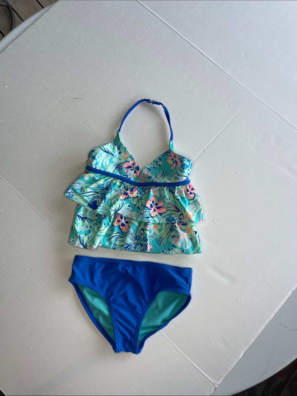 OP Girls Tropical Floral Ruffle Tankini in Aqua and Royal Blue